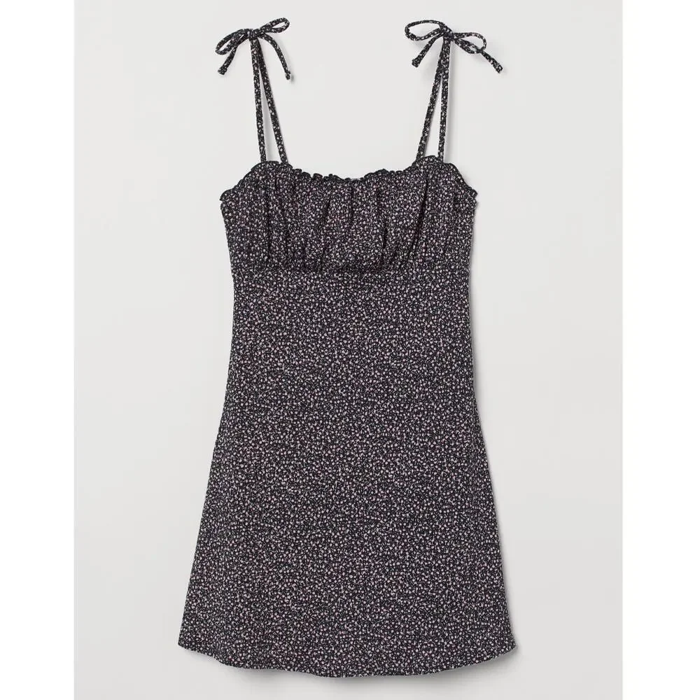 H&M | Dresses | Hm Divided Bowdetail Jersey Dress Size M Black Green Ditsey  Floral Mini | Poshmark